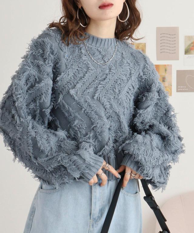 5Gフリンジジャガードショートプルオーバー ニット セーター 長袖 ショート丈 冬 レディース の通販は 6,582円