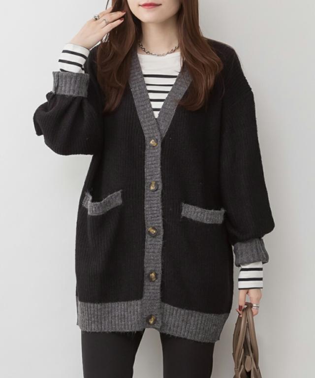 冬新作 大きいサイズ レディース コンビネーションカラーVネックカーディガン 冬 レディース の通販は