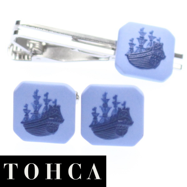 陶華 TOHCA ドラゴン(龍) カメオ ブルー カフスネクタイピンセット 陶華 TOHCA ドラゴン(龍) カメオ ブルー カフスネクタイピンセット
