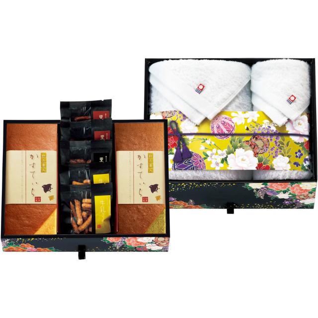 匠菴謹製 ミニたんす御進物 ほまれ かすてぃら＆今治産たおる HMKF-AJZ3 B134-038 ラッピング無料 のし無料 メッセージカード無料 ギフト 詰め合わせ 内祝い 和菓子 カステラ 今治タオル ギフトセット 御礼 御祝い 贈答用 贈り物 A31【沖縄県除き送料無料】