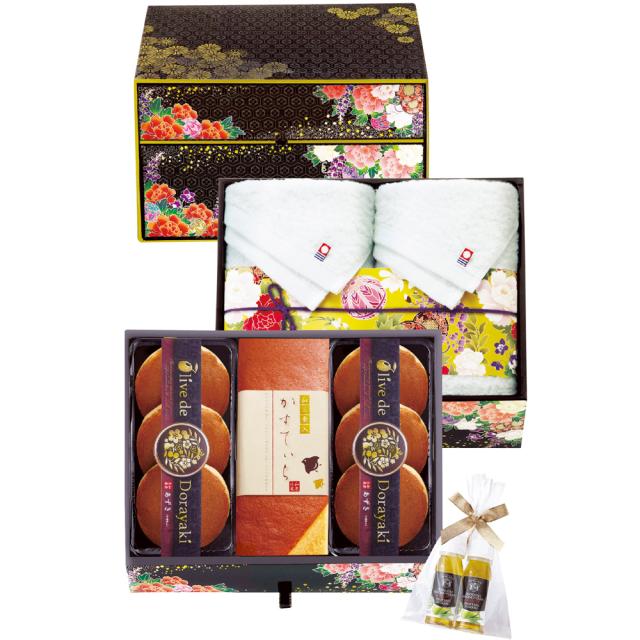 匠菴謹製 ミニたんす御進物 オリーブ de どら焼き Premium ODKF-IJ53 B130-047 ラッピング無料 のし無料 メッセージカード無料 ギフト 詰め合わせ ギフトセット 内祝い 和菓子 和風スイーツ 今治タオル 快気祝い 贈答用 贈り物 A31【沖縄県除き送料無料】