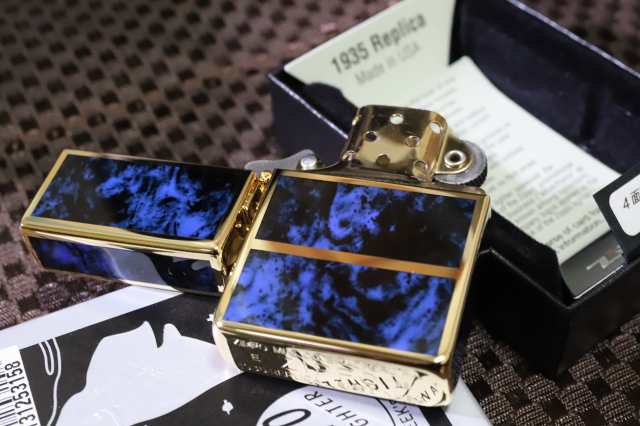 【限定ZIPPO】1935復刻レプリカ 4面マーブルライン ゴールド＆ブルー 青 金 人気 ジッポ ゴールド シンプル エレガント プレゼント  zippo