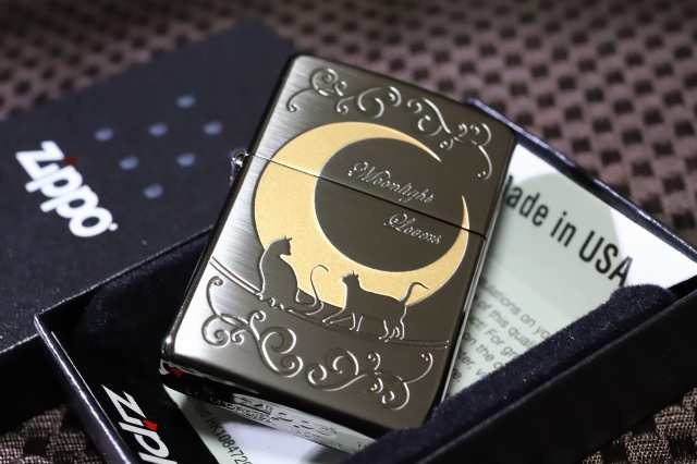 【ZIPPO】キャット＆ムーン 三日月 綺麗なジッポ かわいい 猫ジッポ 猫ZIPPO ネコジッポ 人気 ムーンライト ジッポネコ ジッポー ネコ ラ