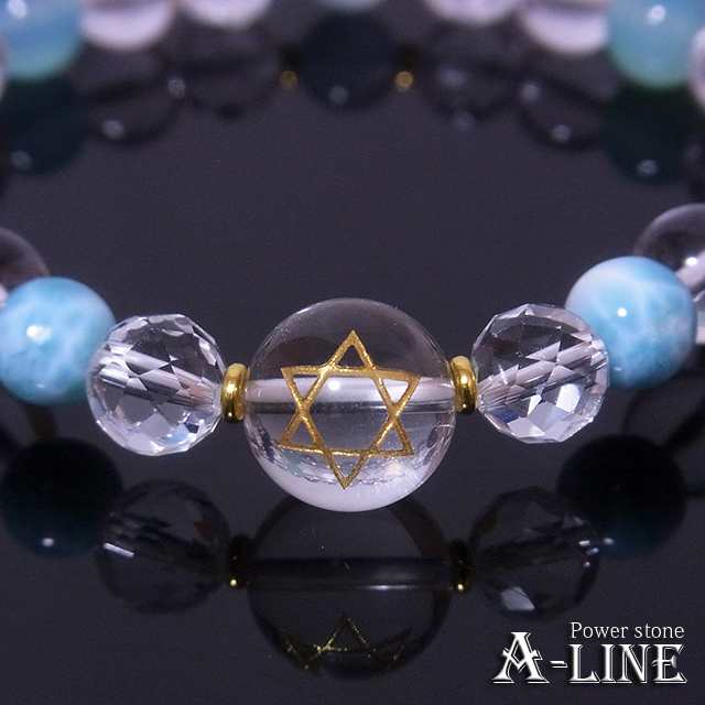 パワーストーン ブレスレット 六芒星金彫り水晶12mm ラリマー