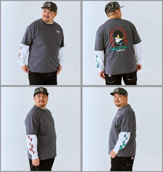 大きいサイズ (What it isNt) 半袖T×長袖T レイヤードTシャツ アンサンブル チャコール×ホワイト 3L 4L 5L 6L 8L/1278-4695-1-105