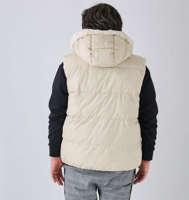 大きいサイズ in the attic フード端スエードライン切替 フェイクダウン ベスト シャンパンゴールド 3L 4L 5L 6L/1253-4340-3-108