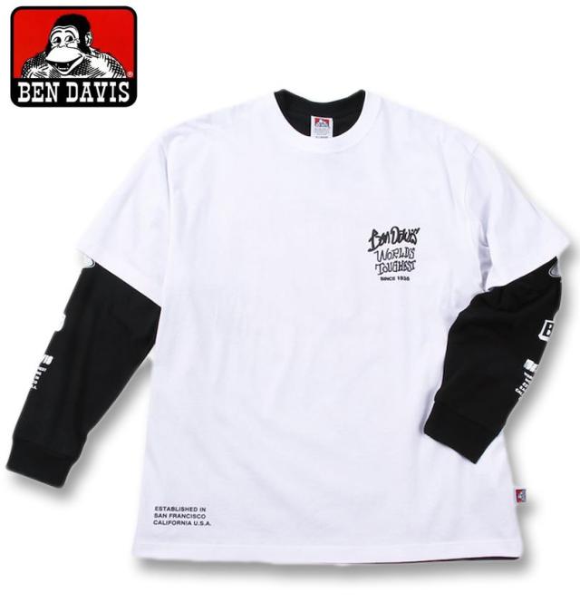 大きいサイズ BEN DAVIS 長袖T&半袖T レイヤード Tシャツ ホワイト×ブラック 3L 4L 5L 6L/1278-4685-1-108