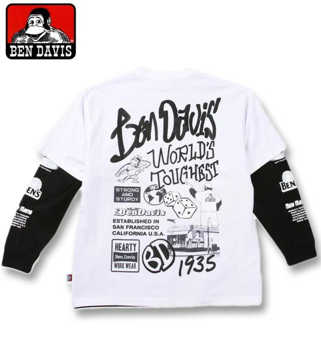 大きいサイズ BEN DAVIS 長袖T&半袖T レイヤード Tシャツ ホワイト×ブラック 3L 4L 5L 6L/1278-4685-1-108