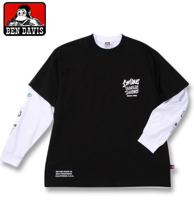 大きいサイズ BEN DAVIS 長袖T&半袖T レイヤード Tシャツ ブラック×ホワイト 3L 4L 5L 6L/1278-4685-2-108