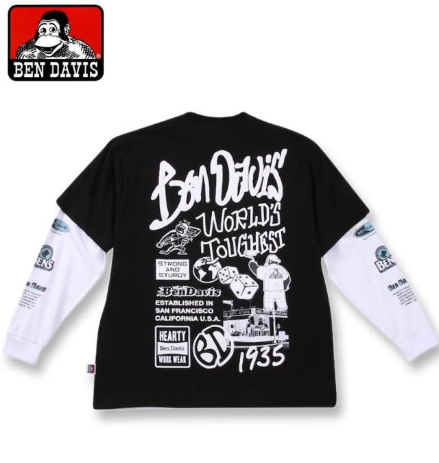 大きいサイズ BEN DAVIS 長袖T&半袖T レイヤード Tシャツ ブラック×ホワイト 3L 4L 5L 6L/1278-4685-2-108