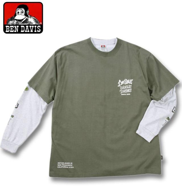 大きいサイズ BEN DAVIS 長袖T&半袖T レイヤード Tシャツ カーキ×アッシュ 3L 4L 5L 6L/1278-4685-3-108