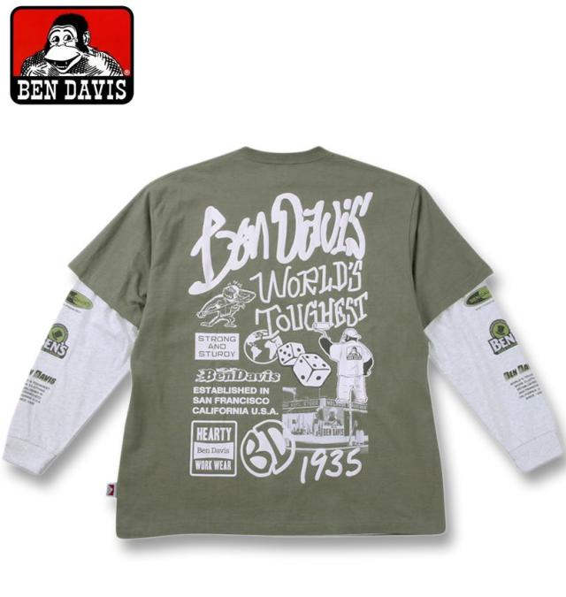 大きいサイズ BEN DAVIS 長袖T&半袖T レイヤード Tシャツ カーキ×アッシュ 3L 4L 5L 6L/1278-4685-3-108
