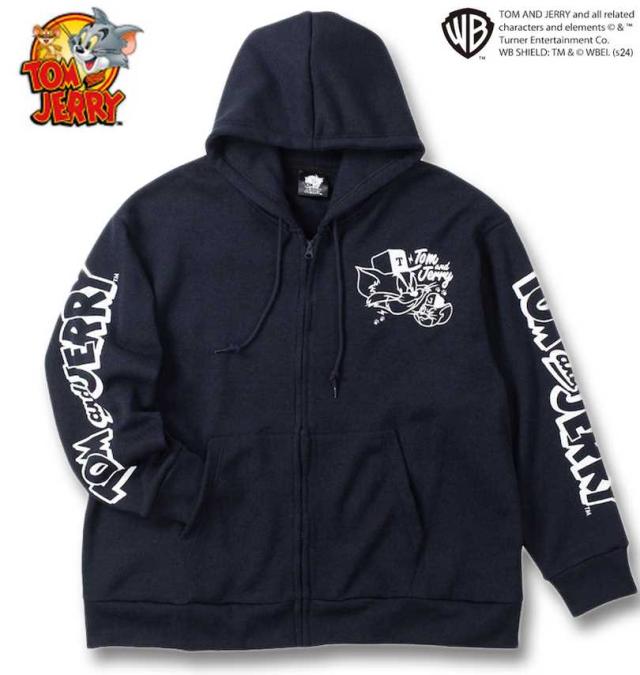 大きいサイズ TOM and JERRY ニットフリース プリント フルジップ パーカー ネイビー 3L 4L 5L 6L/1278-4636-1-110