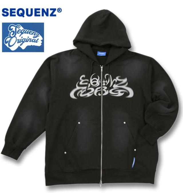 大きいサイズ SEQUENZ パウダースプレー ブリーチ加工 フルジップ パーカー ブラック 3L 4L 5L 6L/1258-5385-2-120