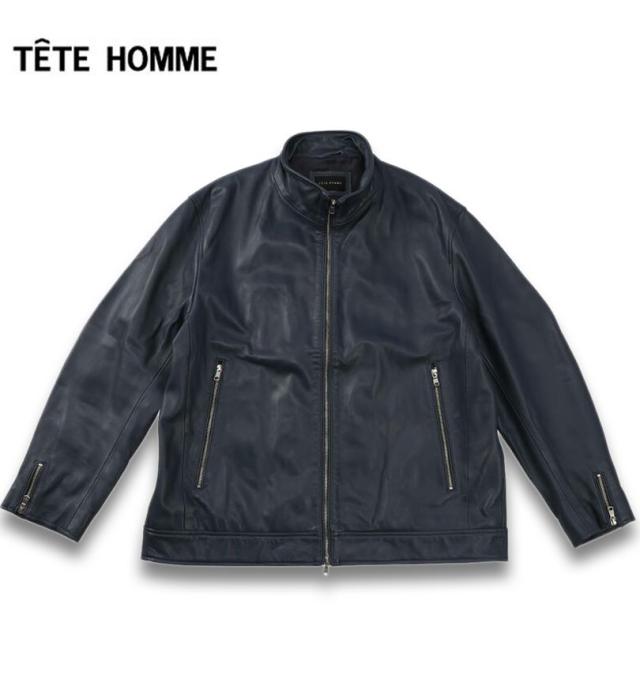 大きいサイズ TETE HOMME スタンドカラー レザーブルゾン ネイビー 3L 4L 5L 6L/1273-5357-3-720