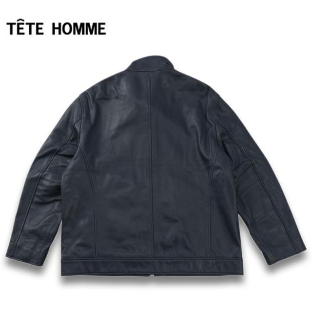 大きいサイズ TETE HOMME スタンドカラー レザーブルゾン ネイビー 3L 4L 5L 6L/1273-5357-3-720