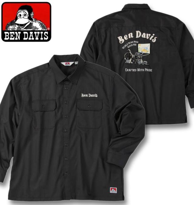 大きいサイズ BEN DAVIS 刺繍 ツイル ワークシャツ ブラック 3L 4L 5L 6L/1277-5305-2-120