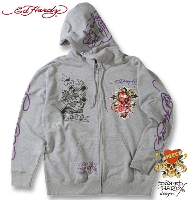 大きいサイズ Ed Hardy 裏毛刺繍&プリント フルジップパーカー ミックスグレー 3L 4L 5L 6L/1278-3336-1-128