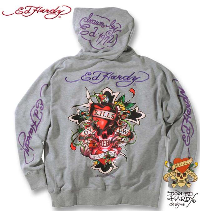 大きいサイズ Ed Hardy 裏毛刺繍&プリント フルジップパーカー ミックスグレー 3L 4L 5L 6L/1278-3336-1-128