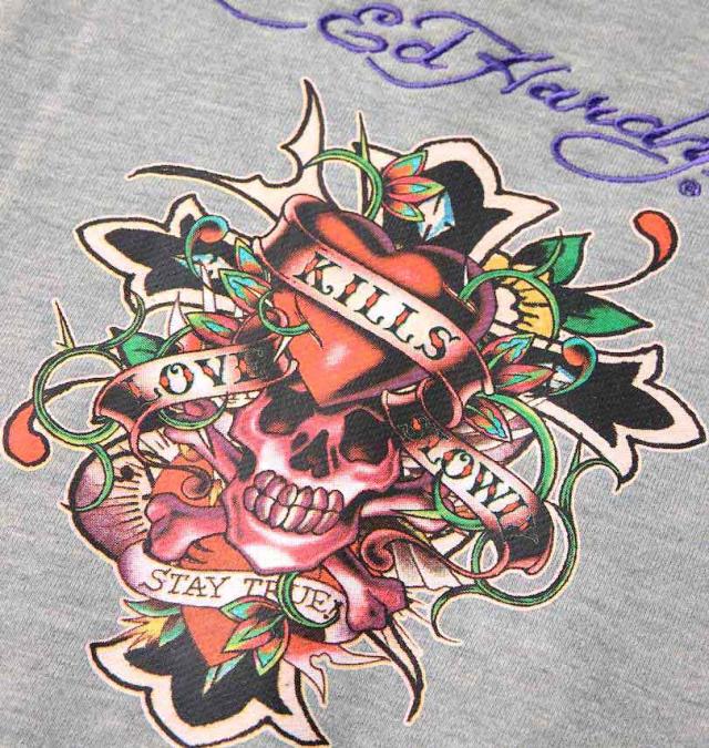 大きいサイズ Ed Hardy 裏毛刺繍&プリント フルジップパーカー ミックスグレー 3L 4L 5L 6L/1278-3336-1-128