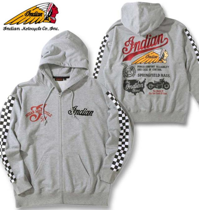 大きいサイズ INDIAN MOTOCYCLE 裏毛刺繍&プリントフルジップパーカー ミックスグレー 3L 4L 5L 6L/1278-3346-1-128