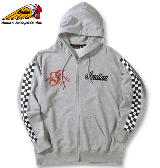 大きいサイズ INDIAN MOTOCYCLE 裏毛刺繍&プリントフルジップパーカー ミックスグレー 3L 4L 5L 6L/1278-3346-1-128