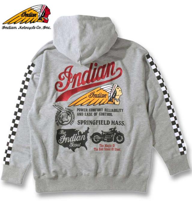 大きいサイズ INDIAN MOTOCYCLE 裏毛刺繍&プリントフルジップパーカー ミックスグレー 3L 4L 5L 6L/1278-3346-1-128