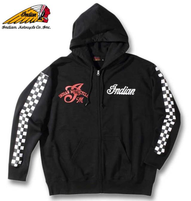大きいサイズ INDIAN MOTOCYCLE 裏毛刺繍&プリントフルジップパーカー ブラック 3L 4L 5L 6L/1278-3346-2-128