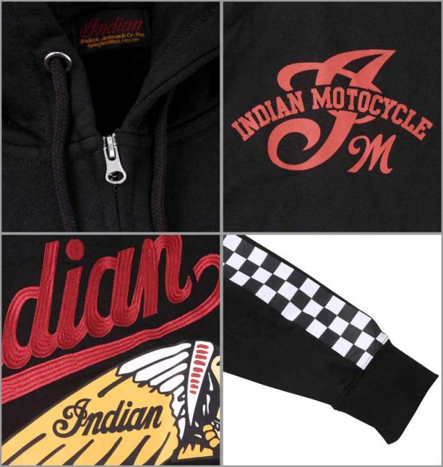 大きいサイズ INDIAN MOTOCYCLE 裏毛刺繍&プリントフルジップパーカー ブラック 3L 4L 5L 6L/1278-3346-2-128