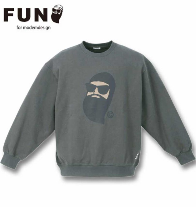 大きいサイズ FUN for modemdesign face ojisan クルーネックスウェット チャコール 3L 4L 5L 6L/1278-3608-2-128