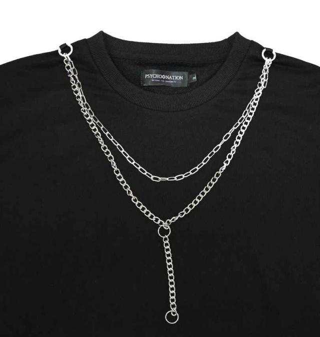 大きいサイズ PSYCHO NATION 袖ジップ ネックレス付 クルートレーナー ブラック 3L 4L 5L 6L/1278-4305-2-128