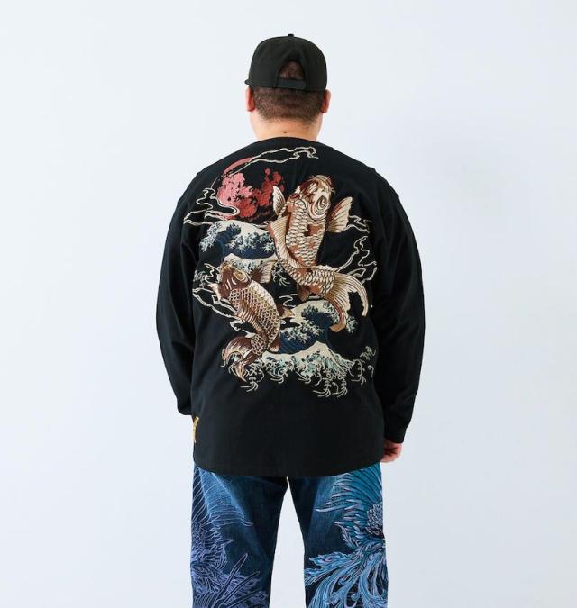 大きいサイズ 絡繰魂 昇り錦鯉 長袖 Tシャツ ブラック 3L 4L 5L 6L/1258-5340-1-138