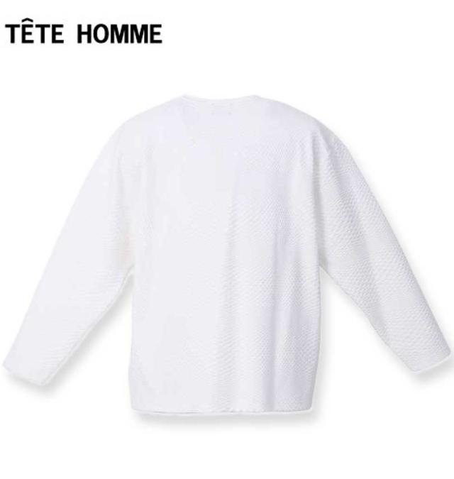 大きいサイズ TETE HOMME ブリスタージャガード Vネック長袖Tシャツ ホワイト 3L 4L 5L 6L/1278-3635-1-138