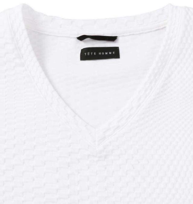 大きいサイズ TETE HOMME ブリスタージャガード Vネック長袖Tシャツ ホワイト 3L 4L 5L 6L/1278-3635-1-138