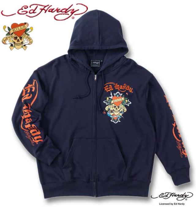 大きいサイズ Ed Hardy 裏毛 刺繍&プリント フルジップ パーカー ネイビー 3L 4L 5L 6L/1278-4641-1-138
