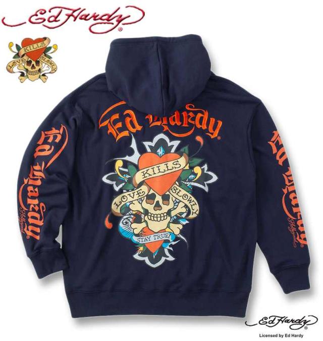 大きいサイズ Ed Hardy 裏毛 刺繍&プリント フルジップ パーカー ネイビー 3L 4L 5L 6L/1278-4641-1-138