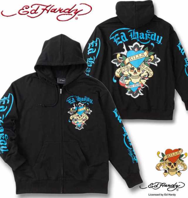 大きいサイズ Ed Hardy 裏毛 刺繍&プリント フルジップ パーカー ブラック 3L 4L 5L 6L/1278-4641-2-138の通販は