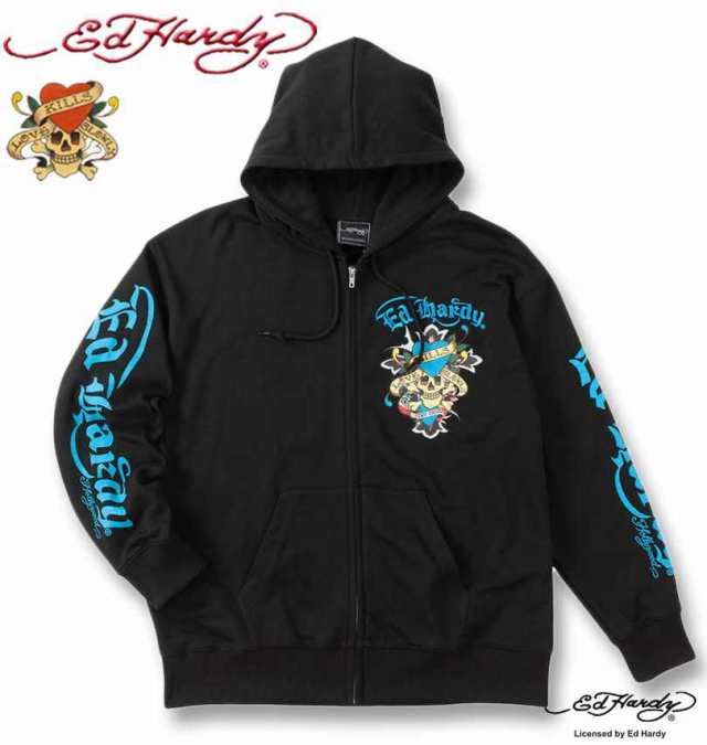 大きいサイズ Ed Hardy 裏毛 刺繍&プリント フルジップ パーカー ブラック 3L 4L 5L 6L/1278-4641-2-138の通販は