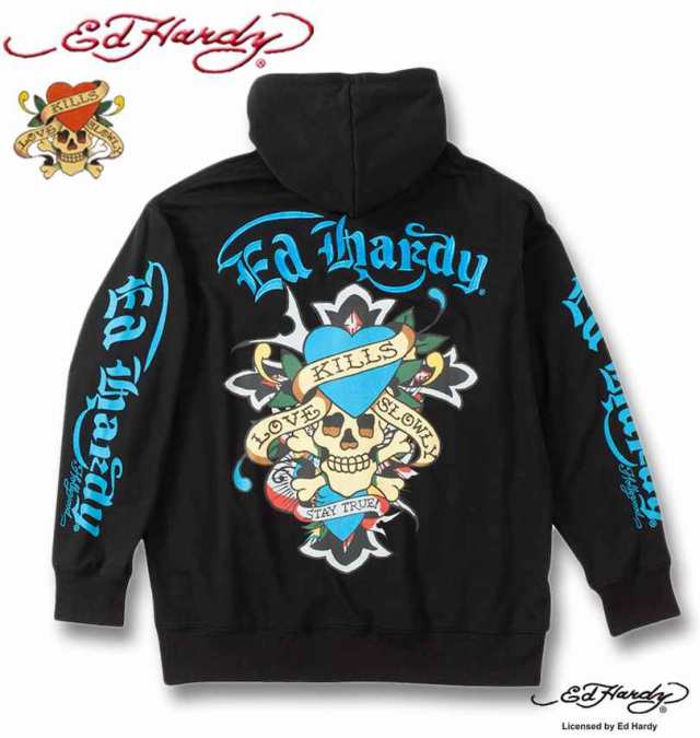 大きいサイズ Ed Hardy 裏毛 刺繍&プリント フルジップ パーカー ブラック 3L 4L 5L 6L/1278-4641-2-138の通販は
