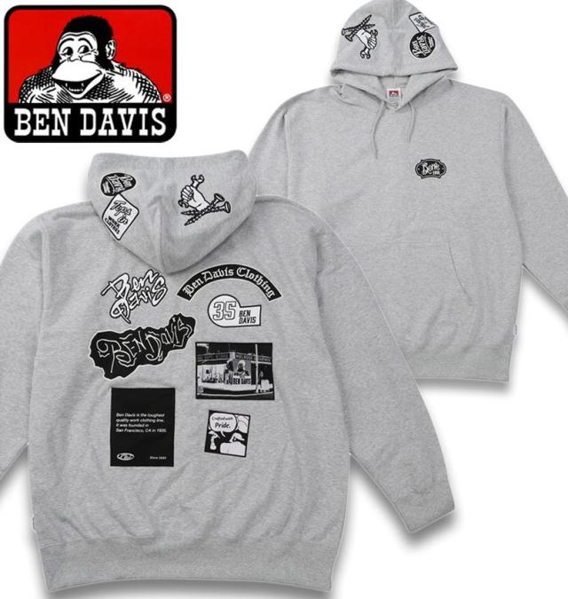 大きいサイズ BEN DAVIS 裏毛 マルチワッペン プルパーカー ミックスグレー 3L 4L 5L 6L/1278-6100-1-138