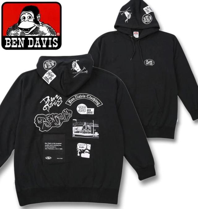 大きいサイズ BEN DAVIS 裏毛 マルチワッペン プルパーカー ブラック 3L 4L 5L 6L/1278-6100-2-138