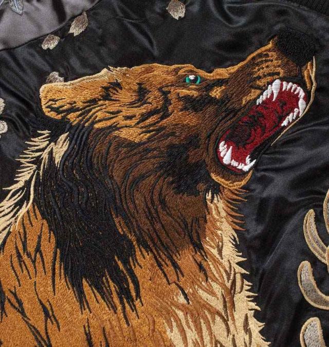 大きいサイズ 絡繰魂 狼 百花繚乱 リバーシブル スカジャン ブラック×チャコール 3L 4L 5L 6L/1253-4311-1-340