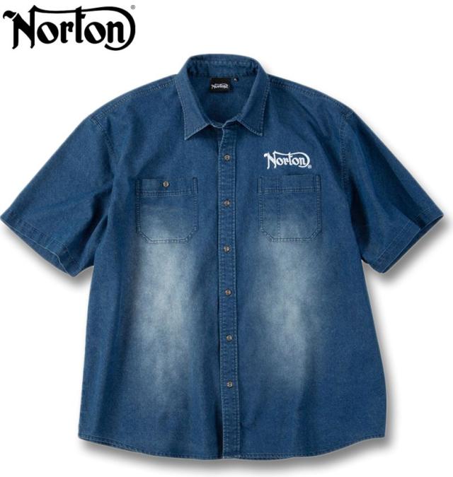 大きいサイズ Norton デニム 半袖 シャツ 刺繍 プリント サンドネイビー 3L 4L 5L 6L 8L/1277-6235-1-148_1