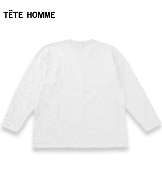 大きいサイズ TETE HOMME ブリスタージャガード Vネック 長袖 Tシャツ ホワイト 3L 4L 5L 6L/1278-5645-1-148