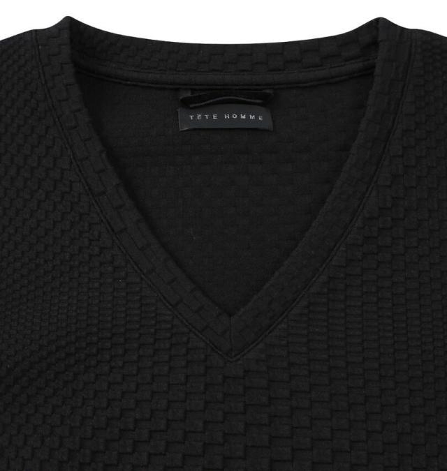 大きいサイズ TETE HOMME ブリスタージャガード Vネック 長袖 Tシャツ ブラック 3L 4L 5L 6L/1278-5645-2-148