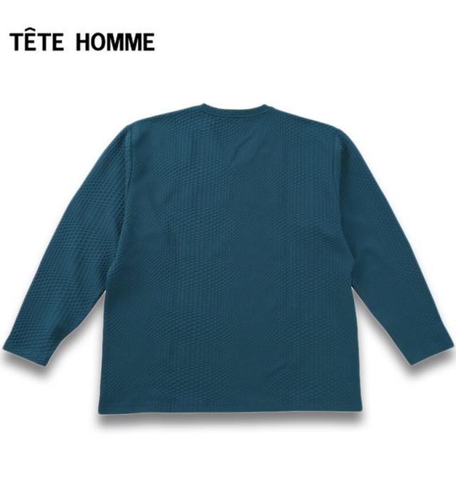 大きいサイズ TETE HOMME ブリスタージャガード Vネック 長袖 Tシャツ ターコイズ 3L 4L 5L 6L/1278-5645-3-148
