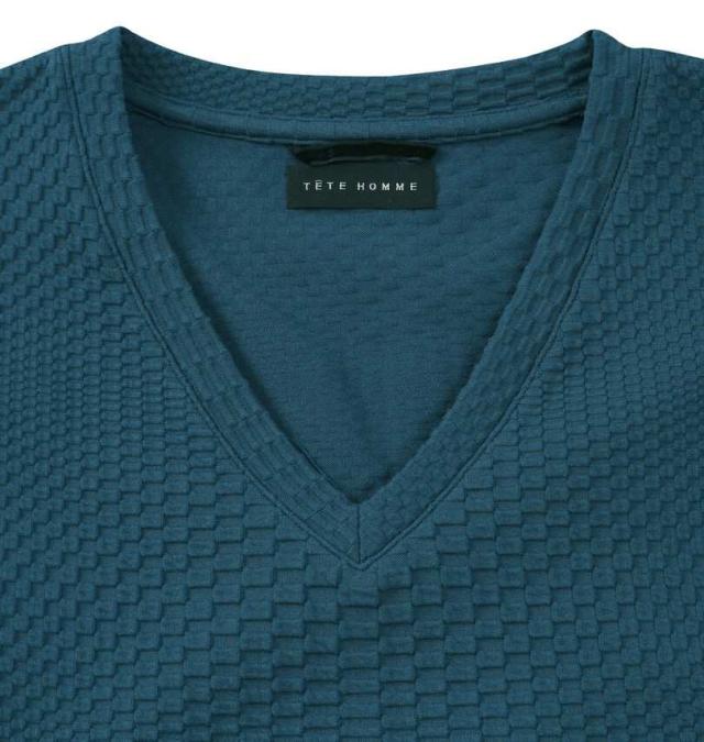 大きいサイズ TETE HOMME ブリスタージャガード Vネック 長袖 Tシャツ ターコイズ 3L 4L 5L 6L/1278-5645-3-148
