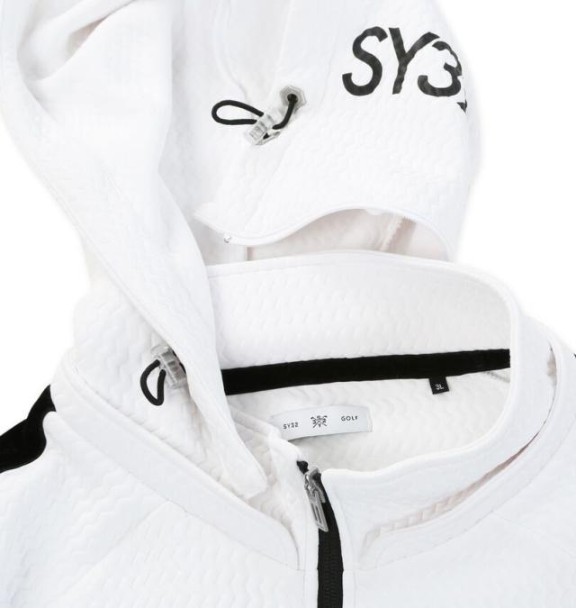 大きいサイズ SY32 by SWEET YEARS ゴルフ キルトニット ジャガード フーディー ハーフジップ ホワイト 3L 4L 5L 6L/1278-5608-1-350