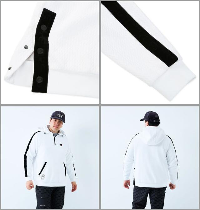 大きいサイズ SY32 by SWEET YEARS ゴルフ キルトニット ジャガード フーディー ハーフジップ ホワイト 3L 4L 5L 6L/1278-5608-1-350