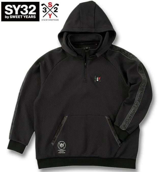 大きいサイズ SY32 by SWEET YEARS ゴルフ キルトニット ジャガード フーディー ハーフジップ ブラック 3L 4L 5L 6L/1278-5608-2-350